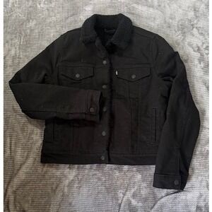 Levis Women's Sherpa Lined Trucker Jacket Black Denim Faux Fur Coat Snap Button